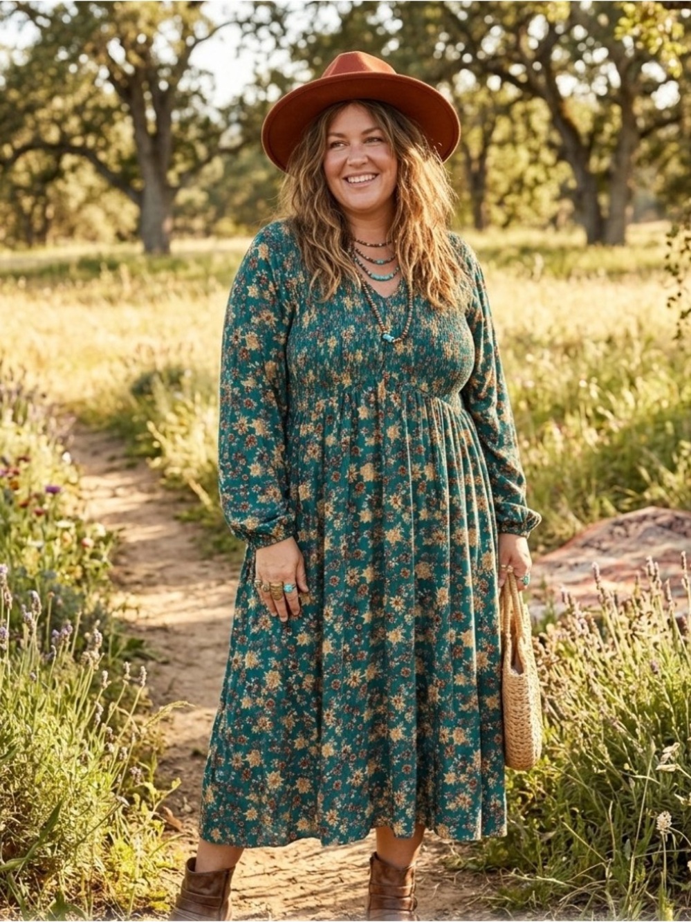 Torrid Teal Floral Smocked Midi Dress Whimsigoth Boho Cottagecore 4X